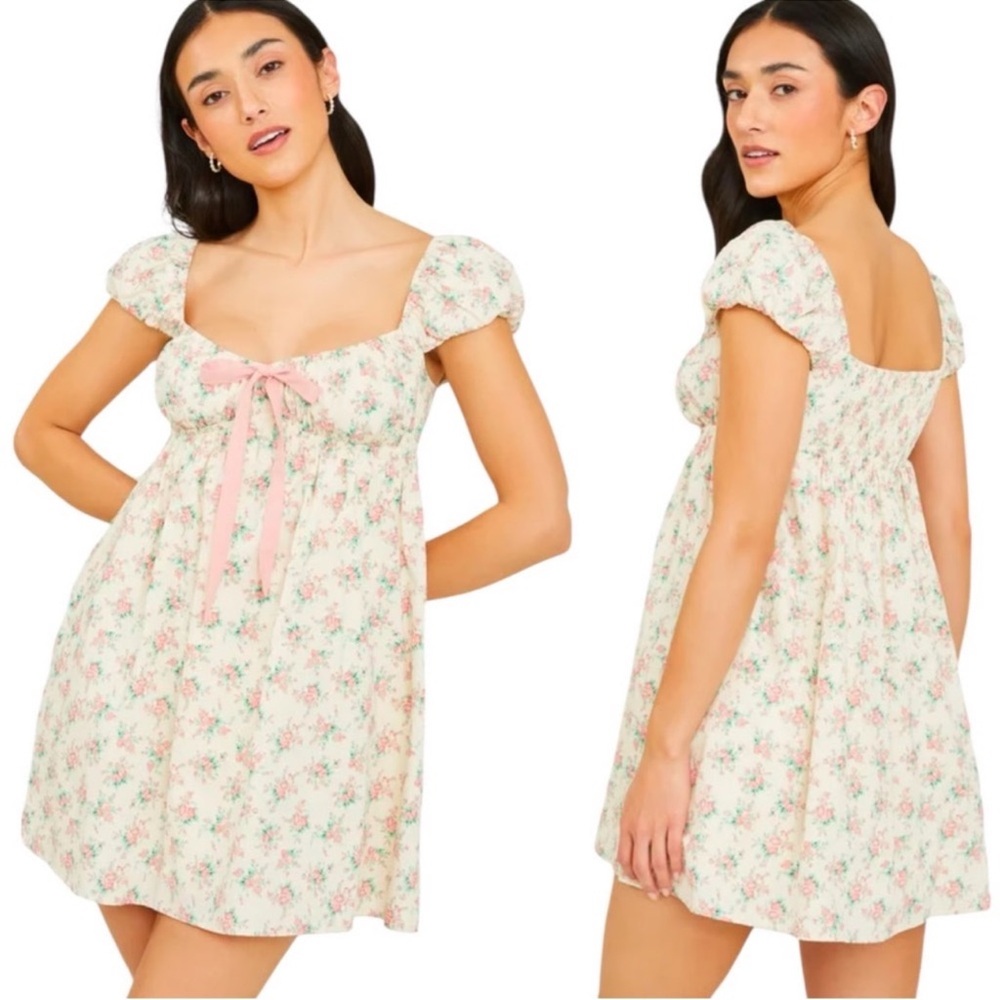 Altar'd State Cream Floral Mini Dress with Pink Bow